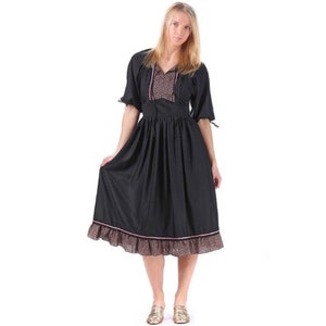 Floral Peasant Dress Black 70s Midi Bohemian Puff Sleeve Dress Boho Vintage Black Print High Waisted 1970s Bohemian Dress Medium
