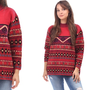 Suéter rojo burdeos 90s Jersey de punto geométrico Cálido invierno Acogedor suéter de lana Grunge Vintage Pullover Rojo oscuro Regalo de Navidad Medio