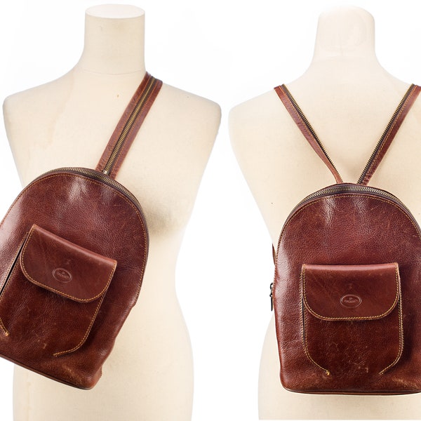 Brown Leather Sling Bag Backpack Vintage Rucksack 90s Vintage Unistrap Knapsack 1990s Medium Size One Shoulder Bag Gift For Women Backpack