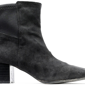 Vegan Ankle Boots Black 90s Side Zip Booties Square Toe Vintage Soft Faux Suede Block Heel Boots Stretchy Inlays US 9.5 EU 40 UK 7