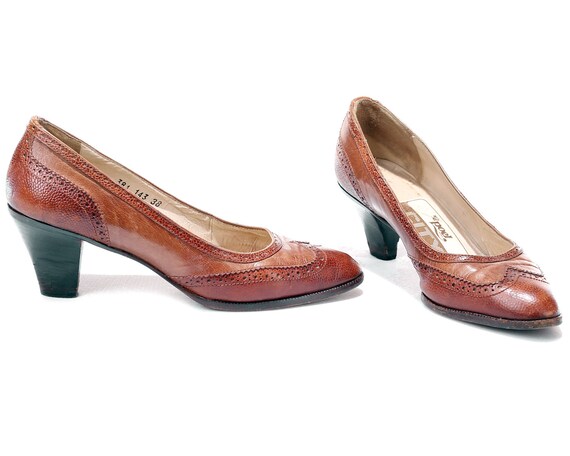 Leather Spectator Pumps Brown Bohemian Heels 70s Formal Elegant