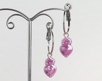 Hoop earrings with purple glazed ceramic heart • Valentine's Day Gift Idea