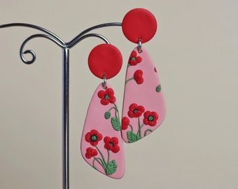 Poppy-shaped fimo pendant earrings • Gift idea for her