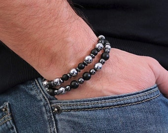 Pair of men's bracelets in obsidian, black and silver hematite • Male / unisex bracelet • Gift idea for him