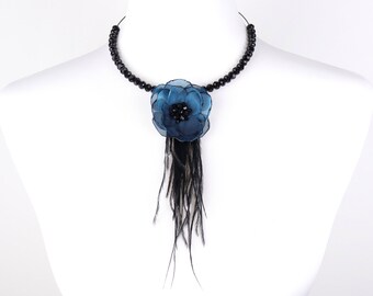 "Peony" necklace in octane organza, hand-embroidered with black crystals and feathers