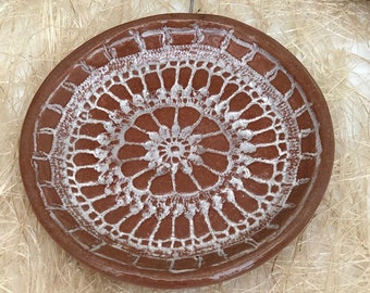 Set Of 3 Lace small pottery Plate, snack bowl ,ring bowl, Rustic Ceramic Plate, Terracotta Plate, host gift