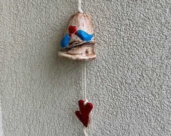 Rustic ceramic bell with blue lovely birds on a branch and red heart, Garden bells, Garden Patio Decoration, host gifts, mom gift for garden