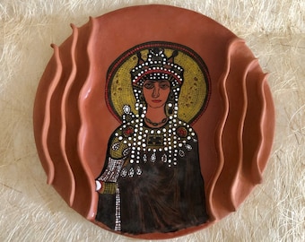 Empress Theodora Terracotta Wall Art, Byzantine Art Pottery wall Hanging Plate, Decorative Ceramic Fine Art  Plate, unique decor objects