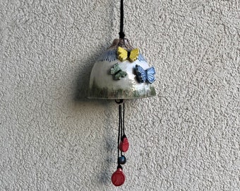 Ceramic Bell with butterfly and ladybug, rustic windchime bell, garden bells, backyard decor, wall hangings bell, mother day gift