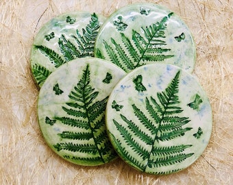 Green fern coasters Set of 4, botanical Coasters, handmade coaster, Coasters With Texture, round green coasters, mother day gift