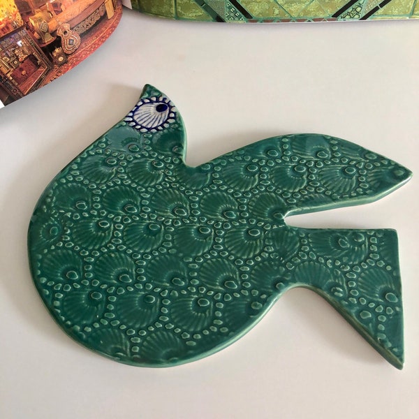 Emerald green  bird ceramic wall art with evileye texture ,bird wall hanging, clay bird, garden art birds, host gift, mother day gift