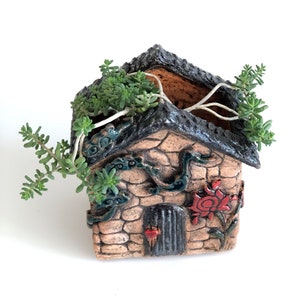 May include: A small, brown ceramic house-shaped planter with a black roof and green vines. The planter has a red flower and a black door. The planter is filled with green succulents.