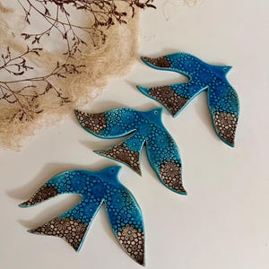 Set Of 3 Turquoise Flying Swallows , Set of 3 Blue Large Birds Wall Art With Texture , Handmade Ceramic Swallows, Ceramic Wall Art