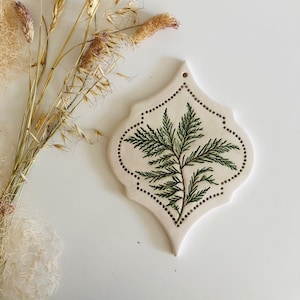 Botanical ceramic frames, Thuja occidentalis pottery wall art, plant tile, arabesque tiles for farmhouse decor,kitchen,livingroom, host gift