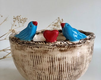Rustieke keramische bloempot mooie vogels en hart, vogelbak voor vetplanten, planten, sappige kom, unieke plantenbak, cadeau voor haar verjaardag
