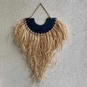 Navy Blue Ceramic and Raffia Wall Hanging, Nautical Art, Clay wall Decor, Raffia Wall Hanging, beach house decor, Boho Chic Decor