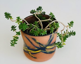 Modern Small Terracotta Planter, Handmade Plant Pot for succulent,cactus, Yellow and Cobalt Blue Planter, Desk Decorations, host gift