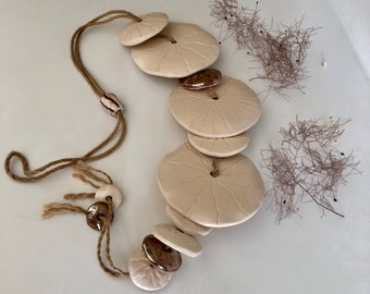 Handmade Ceramic Wind Chime: White & Copper Discs, Garden Decor