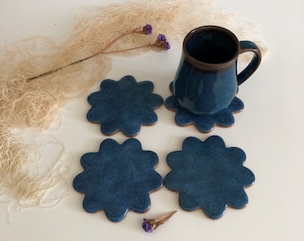 Denim Blue Flower shaped large ceramic coasters set of 4, flower terracotta coasters, Large Drink coaster, mother day gift