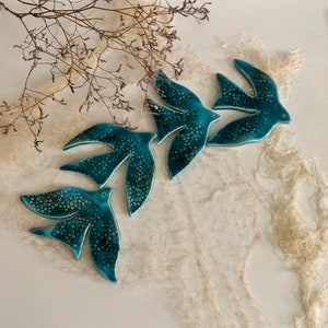 Turquoise Pottery Bird Wall Decor with Texture, Flying Swallows Sets for Room and Garden Decoration,  Blue Garden Art Ceramic, Wall Swallow