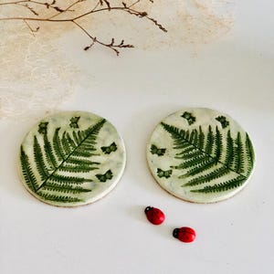 Fern Leaves Ceramic Coasters Set of 2 With Cork, Handmade Plant Texture Cup Coasters, Forest Coasters, host gifts, birthday gift