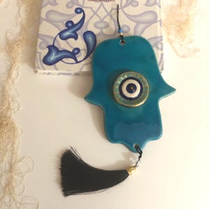 Hamsa Evil Eye wall hanging, ceramic hamsa wall art, Hand of Fatima evil eye decor, hamsa decor, hamsa home blessing, host gifts