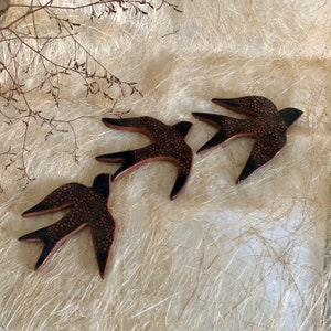 Black- Blue wall decor Swallows, flying swallows  terracotta ceramic set of 3 with floral texture,  Large Birds Wall Art, host gifts