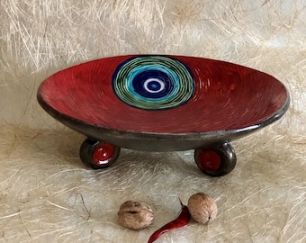 Vivid red ceramic evil eye bowl plate with leg, evil eye decor, evil eye plate, decorative bowl, pottery fruit bowl, mother day gift