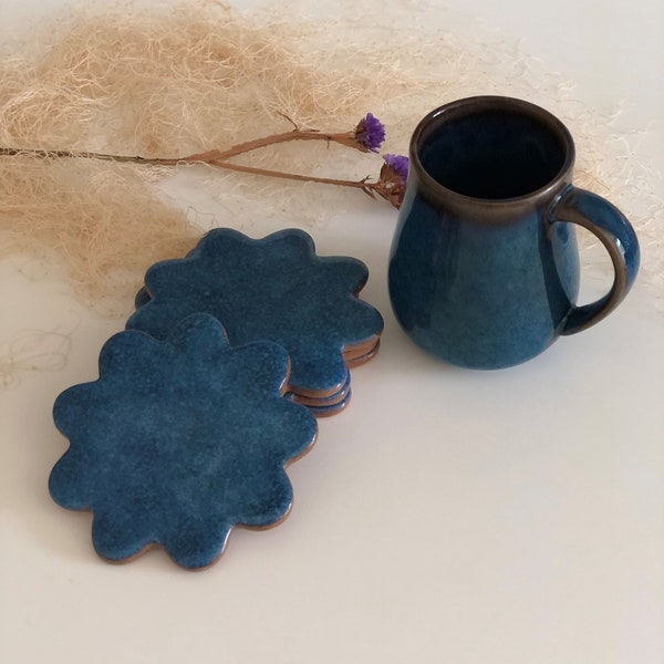 Denim Blue Flower shaped large ceramic coaster, flower terracotta coasters, Large Drink coaster, mother day gift