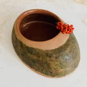 May include: Oval-shaped ceramic bowl with a textured, mossy green exterior and a tan rim. The interior is a dark brown. A small cluster of bright orange berries rests on the rim, adding a pop of color. This decorative bowl is suitable for home decor.