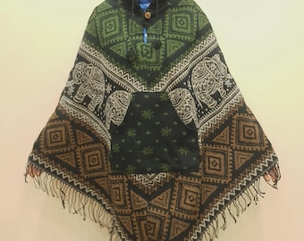 Himalayan Yak Wool Hooded Poncho, Soft & Warm Hoodie, Fleece In Hoodie, Elephant Print Unisex Poncho, Handmade In Nepal, Valentine Gift,