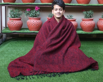 234x115 Cm Yak Wool Blanket, Oversized Couch Throws, Meditation Wrap, Handloomed Beautiful Red Maroon Burgundy Color Christmas Gift