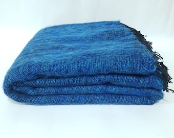 234x115 Cm Yak Wool Blanket, Oversized Couch Throws, Meditation Wrap, Handloomed Beautiful Blue Color Christmas Gift