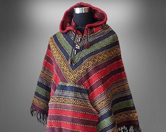 Mexican Baja Hoodie Cotton Gheri Hooded Poncho, Soft Warm Hoodie Unisex Gift