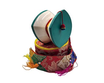 3-Inch Tibetan Chod White Damaru - Resin And Leather, With Brocade Damaru Drum Cover And Damaru Brocade Tail