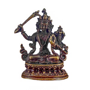 2 inch, Buddhist Miniature Statue Of Manjushri, Chocolate Oxidized