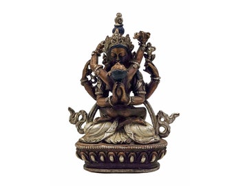 4 inch, Chenrezig, Buddhist Miniature Statue, Silver And Chocolate Oxidized