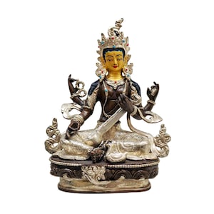 9-Inch Saraswati, Buddhist Handmade Statue, Silver And Chocolate Oxidized, Face Painted