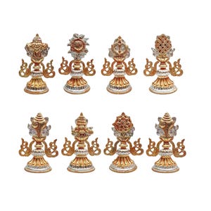 6-Inch Buddhist Handmade Eight Set Tibetan Offering Set Of Ashtamangala, Partly Gold Plated, Silver Plated
