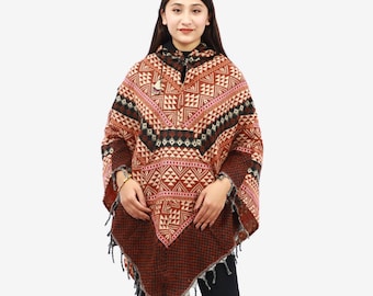 Poncho con cappuccio in lana di yak dell'Himalaya, morbido e caldo pile nel cappuccio, poncho unisex, poncho azteco nativo americano, fatto a mano in Nepal, regalo di San Valentino