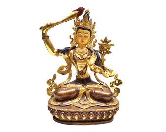 8 inch, Manjushri, Old Stock, Tibetan Buddhist Handmade Statue, Partly Gold Plated, Painted Face