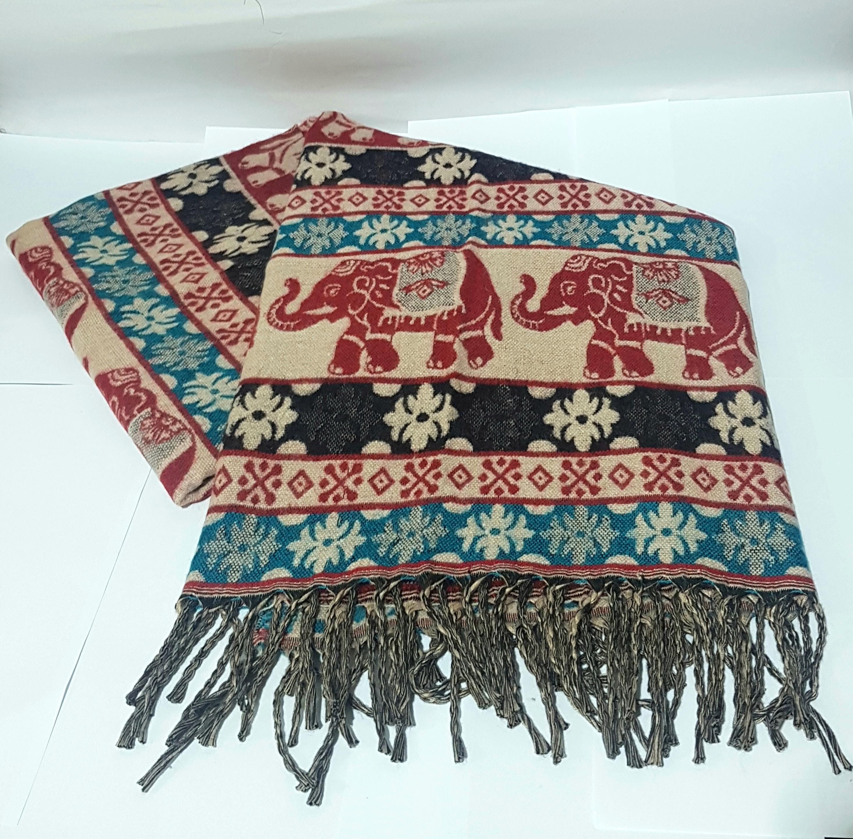 200x100 Cm Himalayan Handmade Elephant Print Yak Wool Shawl Wraps Throws Blanket Exclusive From Nepal Gift For Christmas
