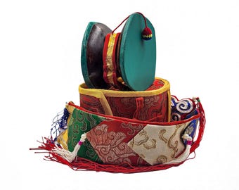 3-Inch Tibetan Chod Damaru - Wooden And Leather, With Brocade Damaru Drum Cover And Damaru Brocade Tail