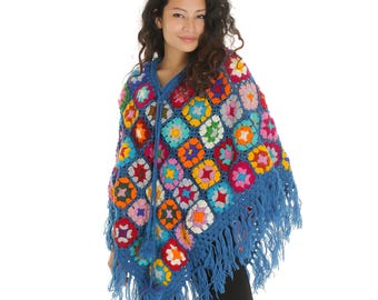 100% Real Pure Yak Wool Crochet Poncho, Handknitted Floral Patchwork Multicolor Poncho, Gift For Her