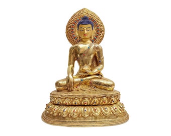 12 inch, Shakyamuni Buddha, Buddhist Handmade Statue, Face Painted, Stone Setting And Gold Plated