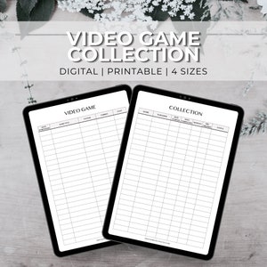 Könnte beinhalten: Zwei druckbare digitale Checklisten zur Organisation einer Videospielsammlung. Die erste Checkliste trägt den Titel "Videospiel" und enthält Spalten für "Kaufdatum", "Spieltitel", "System", "Format" und "Kosten". Die zweite Checkliste trägt den Titel "Sammlung" und enthält Spalten für "Genre", "Herausgeber", "Startdatum", "Fertigstellungsdatum", "Wochenstunden", "Preis", "Zustand" und "Status".