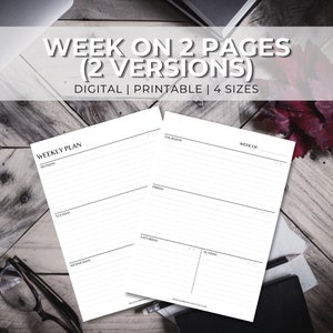Puede incluir: Dos páginas de planificador semanal imprimibles con un diseño sencillo. La página izquierda tiene una sección de plan semanal con espacios para del lunes al miércoles. La página derecha tiene espacios para del jueves al domingo. El texto "WEEK ON 2 PAGES (2 VERSIONS) DIGITAL | PRINTABLE | 4 SIZES" está en la parte superior de la imagen.