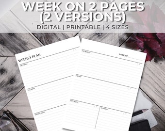 Undated Week On 2 Pages Planner | Wo2P | Weekly Schedule | Daily Routine | Weekly Meal Planner | Digital & Printable Calendar Template