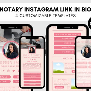 Notary Business Card Templates | Pink Girl Boss Instagram Link In Bio Canva Template | Notary Public Signing Agent | Mobile Landing Page
