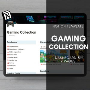 May include: A Notion template for a gaming collection dashboard. The template includes databases for achievements, developers, DLC, game titles, game series, gaming log, genres, platforms, and stats. The dashboard also includes a section for currently playing games and a back log. The template is designed to help gamers track their progress and organise their gaming collection.